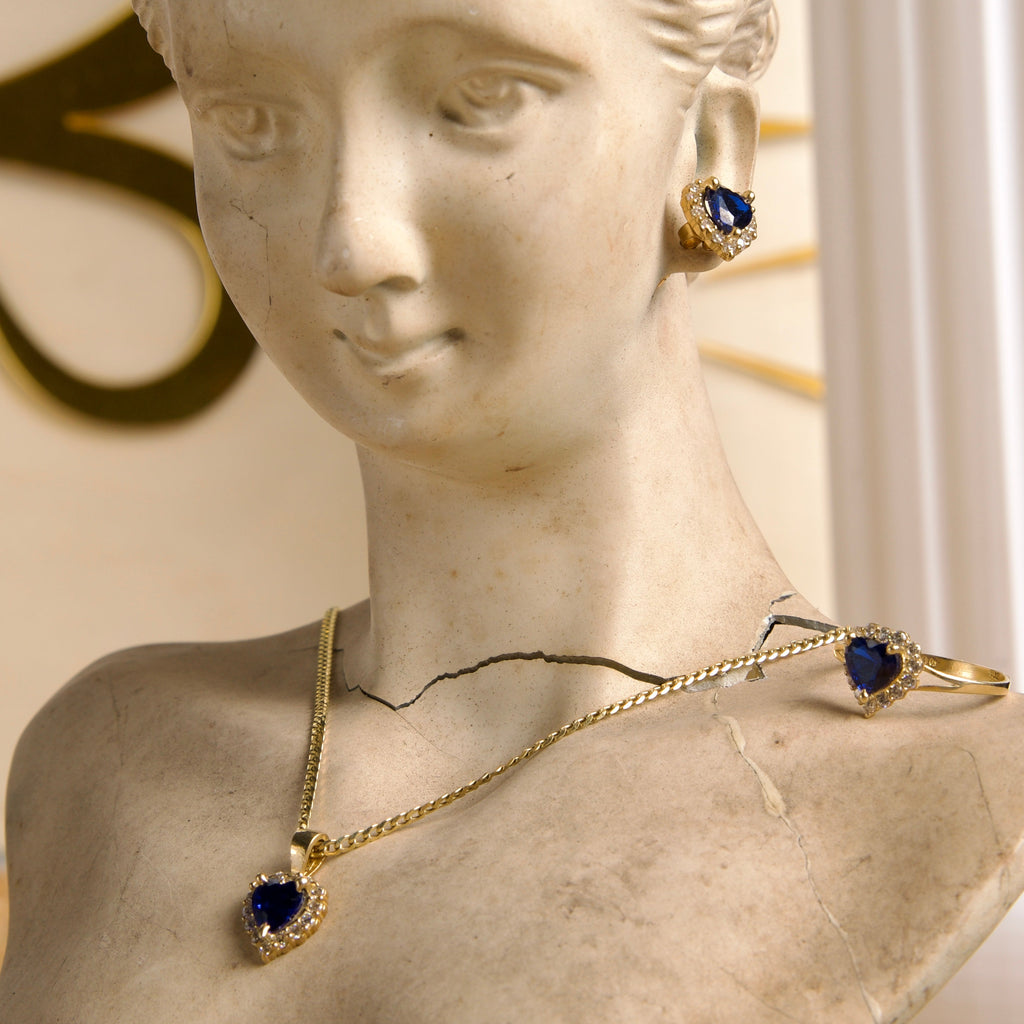 Set de Joyas Corazón azul con piedras blancas 10K