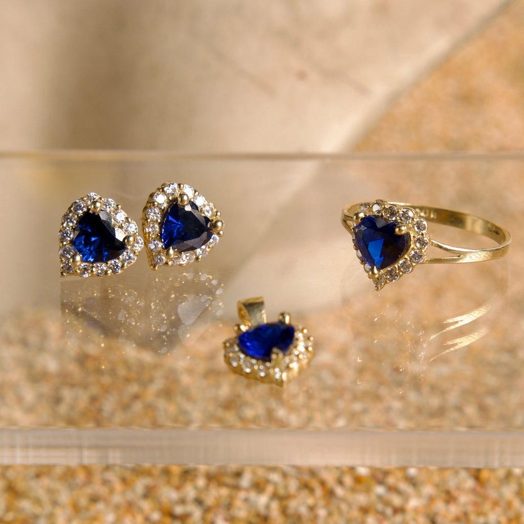 Set de Joyas Corazón azul con piedras blancas 10K