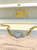 Pulsera Monaco con corazón de piedras blancas 10K